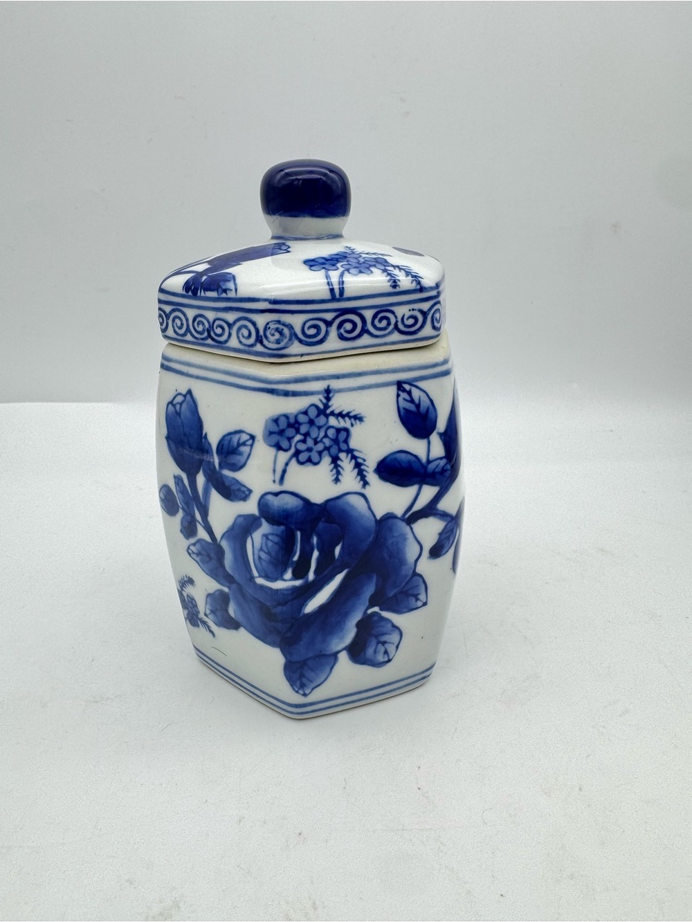 Vintage Blue & White Ceramic Vanity Bathroom Container